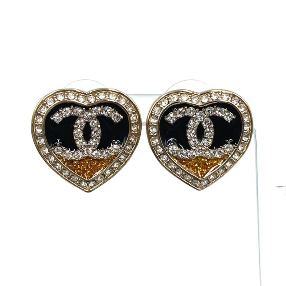 Chanel Rhinestone Heart Earrings Gold Black